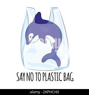 SEA NO PLASTIC Killer Whale in A Plastic Bag Umweltproblem von Kunststoffabfall Verschmutzung Cartoon Clip Art Vector Illustration Set for Print Stock Vektor