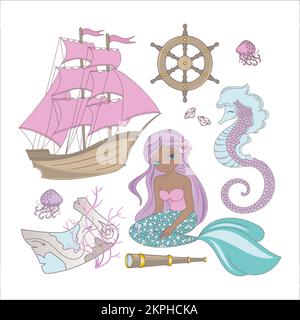 REISE MEERJUNGFRAUENSCHIFF mit pinkfarbenen Segeln und Sitzen Dunkle Skinnes Prinzessin Mädchen in tropischer Kreuzfahrt Urlaub Meer Cartoon Clip Art Vector Illustration Set Fo Stock Vektor