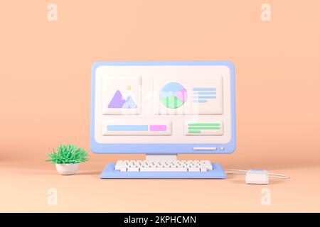 3D SEO-Optimierung, Web Analytics und seo-Marketingkonzept, Statistik. Arbeitsplatz, Monitorbildschirm mit Diagrammen und Pop-ups Stockfoto