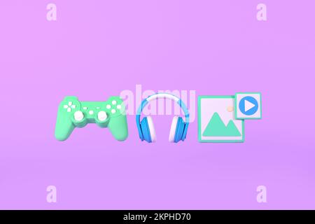 NFT - nicht fungibles Token. Digitale Elemente: Musik, Bild, Video, Spielsymbole. Minimales Design, 3D-Rendering. Digitales Kunstkonzept Stockfoto