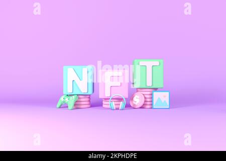 NFT-Token-Banner, nicht fungible, 3D nft-Symbol. Konzept von NFT, minimalistisch, pastellfarben. Krypto-Kunst, Musik, Spiele, Blockchain Stockfoto