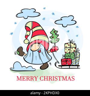 SANTA 2022 süßer Zwerg trägt Geschenke auf Einem Schlitten Neujahr Frohe Weihnachten Cartoon Urlaub handgezeichnete Clip-Art mit Textvektor-Illustration zum Drucken Stock Vektor