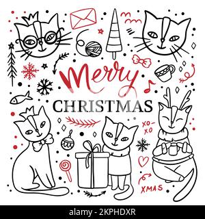 SITZENDE KATZEN von Hand gezeichnete Kinder Frohe Weihnachten Neujahr Cartoon Tier Schwarz Rot Clip Art Handschrift Text Vektor Illustration Set zum Drucken Stock Vektor