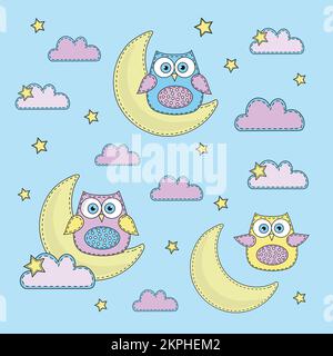 HIMMELBLAU OWL-Imitation Filzvogel sitzt auf Einem Halbmond um die Wolken gute Nacht Kinder Schlafen Cartoon Clip Art Vector Illustration Set für P Stock Vektor