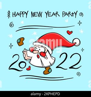 WEIHNACHTSMANN IN FILZSTIEFELN Beard Funny Dwarf Filzstiefel von seinem Bein Neujahr Frohe Weihnachten Cartoon handgezeichnete Clip Art mit Text Vector Illustrati Stock Vektor