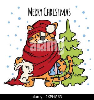 TIGER NEUJAHR Weihnachtsmann mit Geschenken und Weißer Hase lachend niedliches Tier Baby und Baum Weihnachtsgeschenk Cartoon handgezeichneter Sketch Vector Illu Stock Vektor