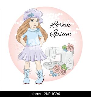 NÄHMÄDCHEN, langhaarige Kindergarderobe und Nähmaschine, dekoriert mit Rosen, Cartoon, Clip Art, Vektorgrafik, bedrucktes Set Stock Vektor
