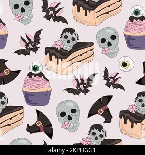 SKULL SWEETS of Halloween Holiday mit Menü Dessert Eye Cake Fledermäuse und Hut auf hellrosa Hintergrund Cartoon Vector Illustration Seamless Pattern für PR Stock Vektor