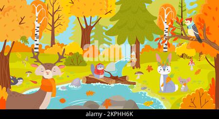 Herbstwald. Naturlandschaft mit Bäumen und herabfallenden Blättern und wilden Tieren wie Eichhörnchen, Hirsche, Hasen, Maus, Igel und Biber. Stämme auf Wasser, Col Stock Vektor