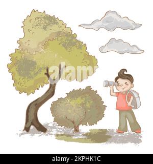 TRAVELER Brave Boy mit Spyglass und Rucksack bei Nature Under Clouds Cartoon Sketch in Flat Style Handgezeichnet Clip Art Vector Illustration Set zum Drucken Stock Vektor