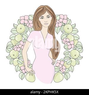 FRÜHLINGSPORTRÄT schönes Mädchen mit langen braunen Haaren in rosafarbenem Kleid und Kranz mit rosafarbenen Blumen und grünen Äpfeln Clip Art Vector Illustration Set für PRI Stock Vektor