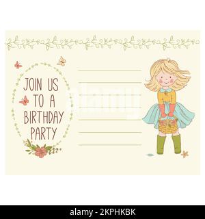 FRÜHLINGSGEBURTSTAG Einladungskarte mit Ornamenten Handgemachtes Mädchen mit langen Haaren Korb Blumen Cartoon Clip Art Vector Illustration Set für Prin Stock Vektor