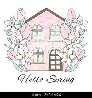 FRÜHLINGSHAUS Pink Color umgeben von Narzissen und Tulpen Saison Blume Garten Urlaub Cartoon Clip Art mit Text Vektor Illustration Set zum Drucken Stock Vektor