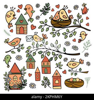 FRÜHLINGSSTIMMUNG VON VÖGELN, die Nester machen Blühende Natur Merry Houses Blumen und Blüten Pflanzen und Zweige Cartoon Clip Art Vector Illustration Set für PR Stock Vektor