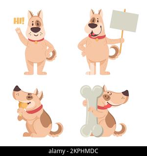 Zeichentrickfilm-Schnitt-Hundemaskottchen. Lustige einheimische Figuren, die ein leeres Plakat oder Banner halten, um zu protestieren, winken und Hi. erzählen Hündchen isst Hühnerfleisch und Hu Stock Vektor