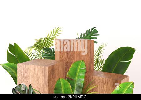 Luxuriöse Holzkiste, Bausteine, quadratischer Podiumwürfel, grüne tropische Blätter auf weißem Hintergrund. Modell für Produkt, Parfüm, Sonderangebot Stockfoto