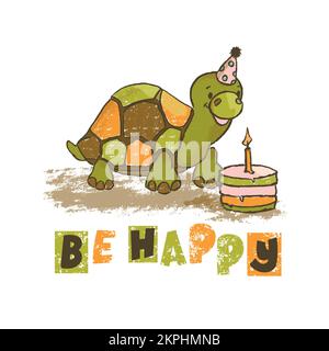 TURTLE in hat bläst Kerze im Geburtstagskuchen Tropentiere Grunge-Skizze mit Text Cartoon Clip Art Vector Illustration Karte für Stock Vektor