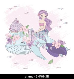 SÜSSE MEERJUNGFRAU langhaarige Prinzessin sitzt auf waldekorierten Blumen und Cupcakes Meer Unterwasserurlaub Cartoon Clip Art Vector Illustration Set F Stock Vektor