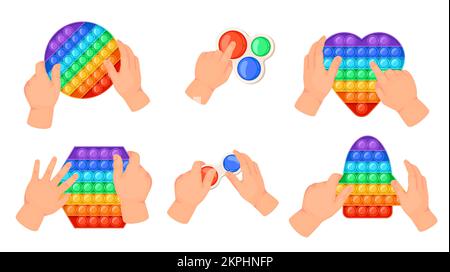 Der Cartoon-Regenbogen lässt die Spielzeugblasen platzen. Entspannendes Sinnesspielzeug für Kinder. Hände halten farbenfrohes Anti-Stress-Spiel in verschiedenen Formen. Einfaches Grübchen Stock Vektor
