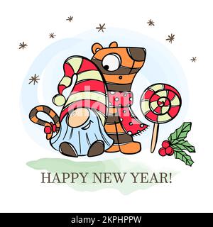 WEIHNACHTSMANN MIT TIGERPUPPE niedlicher bärtiger Gnome mit Lollipop und Einem Pinsel Beeren Neujahr Glückwunsch Cartoon handgezogene Postkartenvektorabbildung Stock Vektor