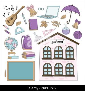 VIVAT SCHULE Bildungszubehör Schulgebäude Kreidetafel Laptop Regenschirm Briefkoffer Buch und Gitarre Cartoon Clip Art Vector Illustration Set Fo Stock Vektor