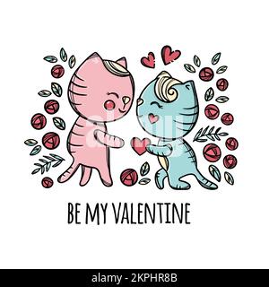 VALENTINE CATS Enamored Kitten schenkt Sweetheart Stehendes Knie Cartoon Handgemalte Clip Art mit Handschrift Text Vector Illustration für P Stock Vektor