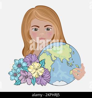 SAVE EARTH Celebration of Planet Longhaired Beautiful Girl Halls Globe and Bouquet Flowers Clip Art Vector Illustration Set for Print Stock Vektor