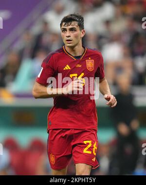 Spaniens Pedri beim FIFA-Weltmeisterschaftsspiel Gruppe E im Al Bayt Stadium, Doha, Katar. Foto: Sonntag, 27. November 2022. Stockfoto