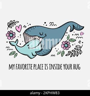 WALE UMARMEN Mutter und Tochter elterliche Beziehung niedliche Tiere Freund zu Freund Handschrift Text Handgezogener Clip Art Vector Illustration Set Fo Stock Vektor