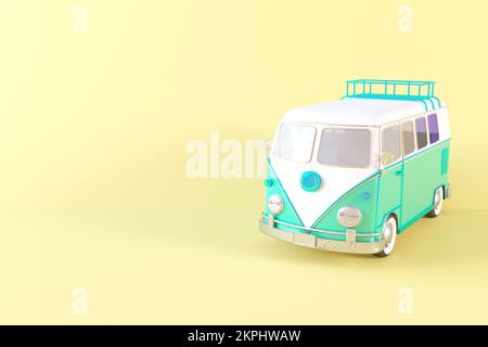 3D-Abbildung: Grüner Spielzeugbus im Vintage-Stil auf gelbem Hintergrund. Maßstabsgetreues Modell eines Retro-Autos in hellen Pastellfarben. Klassisches, seltenes Auto. Stilisiertes Spielzeug Stockfoto