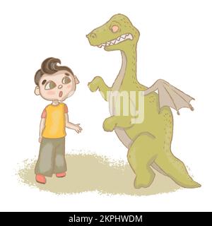 WHATS UP Boy und Dinosaurier sprechendes Bild im Grunge-Stil Handgezeichnete emotionale Charaktere Cartoon Clip Art Vektorabbildung für Print Stock Vektor