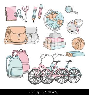 SCHULZUBEHÖR Kinder Bildung Globus Bücher Schultasche Fahrrad Cartoon Clip Art Vector Illustration Set zum Drucken Stock Vektor