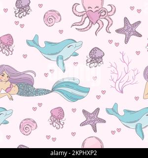 SEA MERMAID Princess Mädchen Unterwasserleben von Tieren des tropischen Ozeans auf einer Reise mit rosa Hintergrund Seamless Pattern Vector Illustration zum Drucken Stock Vektor