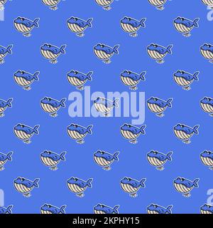 WAL LÄCHELNDER Cartoon Bild handgezeichnet Nahtloses Muster Süßes Blau Unterwasserbewohner für Design Vector Illustration auf blauem Hintergrund Märchen Stock Vektor