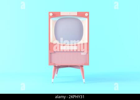 3D rosafarbener Retro-Fernseher auf blauem Hintergrund, alter TV-Receiver, analoger Fernseher. 3D-Darstellung rendern, minimales Konzept. Stockfoto