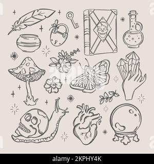 HEXEREI-OBJEKTE lieben Magie Alchemische Monochrom-Elemente Astrologie Esoteric Occult Doodle Sketch Handgezeichnete Mystery-Symbole für Dämonendesigner und Stock Vektor