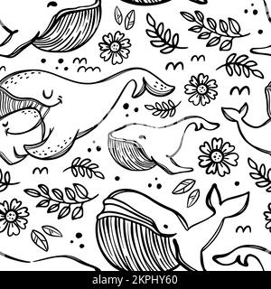 WALE IN SKIZZE Mutter Hugs Tochter Elternbeziehung Süße Tiere Muttertag Monochrom Cartoon Hand Draw Seamless Pattern Vector Illustration Stock Vektor