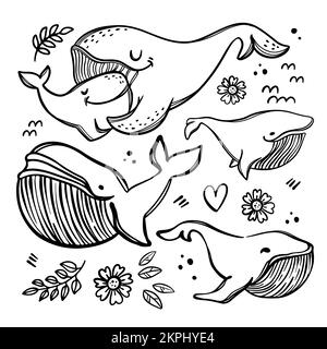 WALE IM SKIZZENSTIL Mutter-Hugs-Tochter elterliche Beziehung süße Tiere Muttertag Monochrom Handgezogener Clip Art Vektor Illustration Set für P Stock Vektor