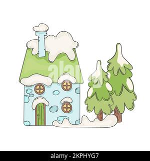 WINTERHAUS mit grünem Dach bedeckt mit Schnee und Fir Bäumen wachsen in der Nähe Märchen Neujahr Cartoon Clip Art Vector Illustration Set für Print Stock Vektor