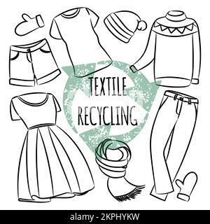 TEXTIL-RECYCLING Weltökologisches Umweltverschmutzungsproblem Alte Kleidung Schwarzweiß-Cartoon-Clip-Art mit Textvektor-Illustration zum Drucken Stock Vektor