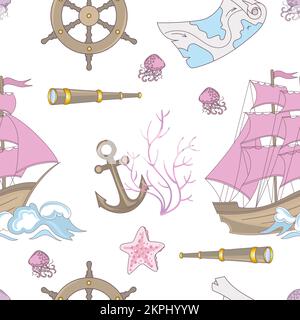 REISE-MÄRCHEN-Schiff mit Anker und Spyglass für tropische Meeressaison Ozeanische Kreuzfahrt Sommer-Cartoon Seamless Pattern Vector Illustration für Stock Vektor