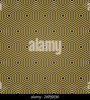 Geometrischer abstrakter sechseckiger Hintergrund. Geometrisches modernes Ornament. Nahtloses modernes Schwarz-Gold-Muster Stockfoto