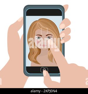 FRAU SELFIE hält Smartphone in den Händen mit Foto von Mädchen mit langen blonden Haaren Cartoon Clip Art in flachem Vektormuster zum Drucken Stock Vektor