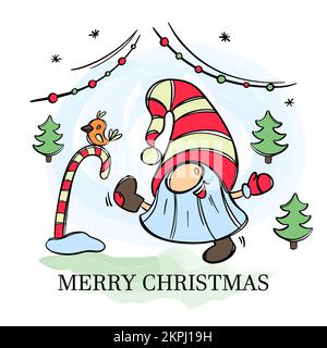 DER WEIHNACHTSMANN ERSCHEINT 2022 fröhlicher Bärtiger Gnome in Filzstiefeln und Vogel auf Lollipop Neujahr Frohe Weihnachten Cartoon Handgezogener Vektor Illustration Set für Stock Vektor