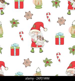 WEIHNACHTSMANN GEIGE Weihnachtsmann spielt Violin, umgeben von Neujahrssüßen und Geschenken Weihnachten Winter Cartoon Seamless Pattern Vector Illustration für Prin Stock Vektor