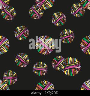 WOLLKUGEL Magic Stricken mehrfarbige Garnelen in Bällen auf schwarzem Hintergrund Cartoon Nahtlose Mustervektordarstellung für Print Stock Vektor