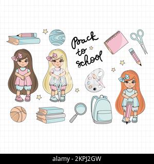 SCHULMÄDCHEN Kinder Schülerinnen und Schulzubehör Handschrift Text Cartoon Clip Art Vector Illustration Set zum Drucken Stock Vektor