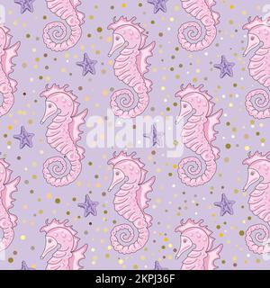 SEEPFERDCHEN und Seesterne Unterwassertiere auf Rosa Hintergrund Reise Kreuzfahrt Tropical Cartoon Seamless Pattern Vector Illustration for Print Stock Vektor
