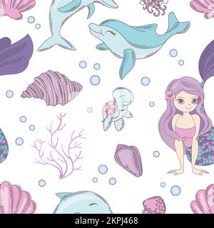 MEERESTOFF Meerjungfrau Prinzessin Mädchen mit langen rosa Haaren und Unterwassertieren von tropischen Ocean Travel Urlaub Seamless Pattern Vector Illustration Stock Vektor