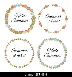SOMMERKRANZ vier Kränze mit wilden Blumen und Gartenblumen handgezeichnet flaches Weihnachtsdesign Kreation Cartoon Clip Art Vector Illustration Set F Stock Vektor